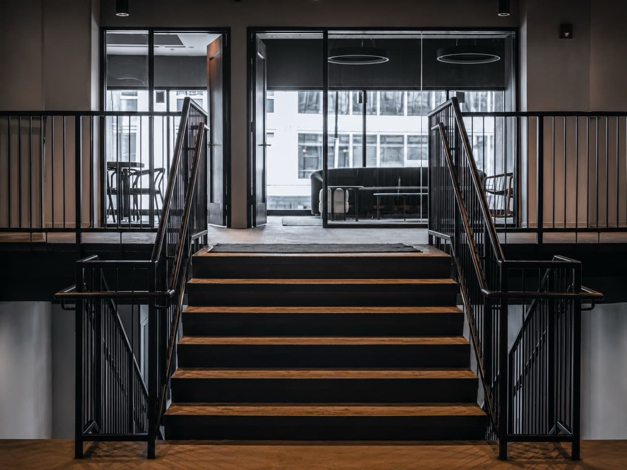 The stair landing into a private dining lounge at The Gathering Spot in Washington, DC